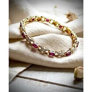 Vintage Ruby Bracelet, Gold Vermeil Sterling Silver, Natural Stones, 7.5”, DBJ